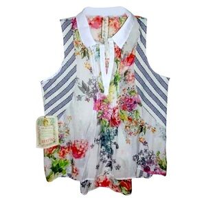 $113 Aratta Mixed Print Blouse Medium 6 8 Floral + Stripes Pintucks Front + Back